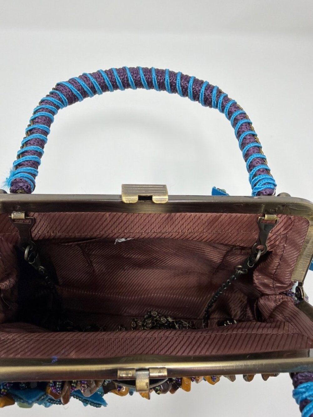 Chico's Beaded Evening Bag Blue Purple Floral Embellished Top Handle Purse - Picture 15 of 16